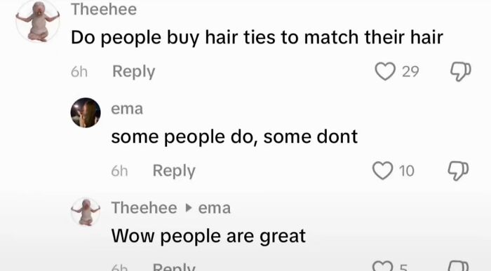 A funny TikTok comment exchange asking about hair ties and then responding, showing unhinged comments.