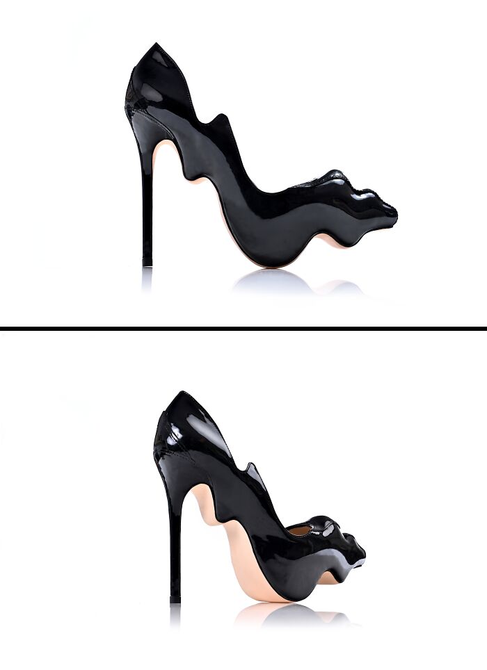 Two views of a Kobi Levi creative shoe, featuring a sleek black patent finish and a distinct wavy design.