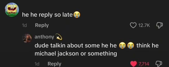 A screenshot of funny TikTok comments showing one user impersonating Michael Jackson with funny and unhinged comments.
