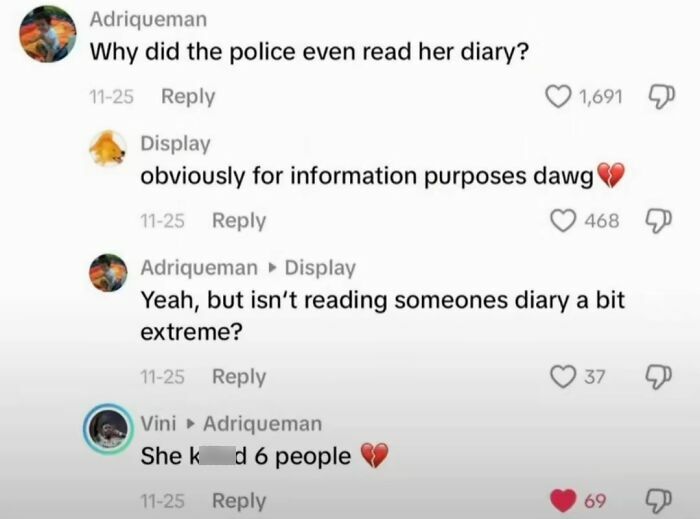 A screenshot of funny TikTok comments where users discuss police reading a diary for information on a person who unhinged people.