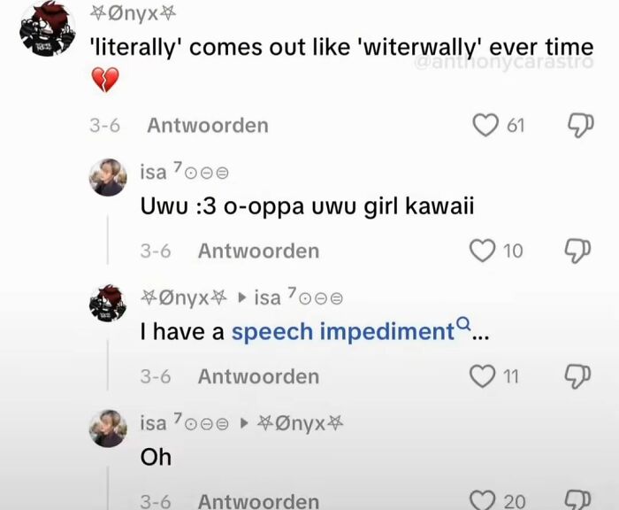 Screenshot of funny TikTok comments about speech impediment, an unhinged comment from a user.