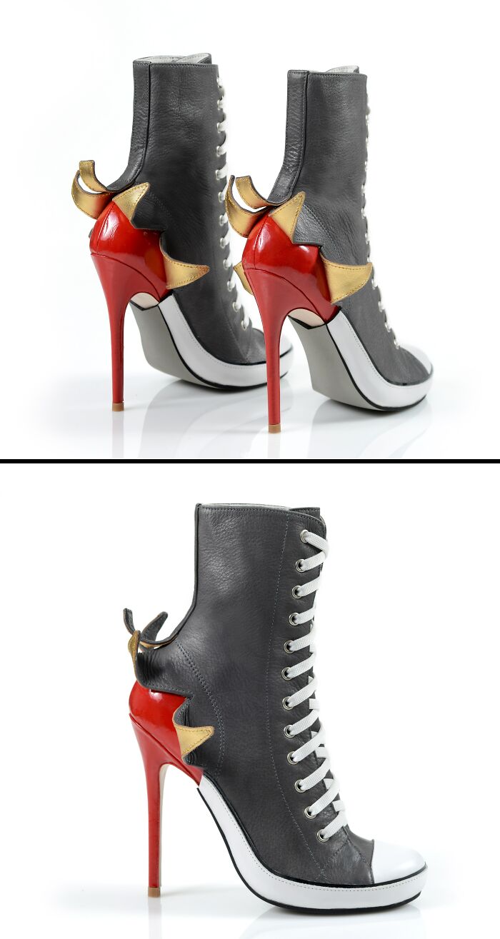 Creative and imaginative grey, red, and gold high-heeled boots by Kobi Levi.