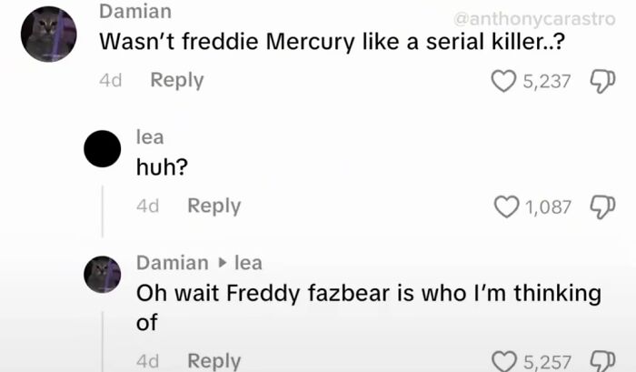 A TikTok comment section featuring funny, unhinged comments about Freddy Mercury vs. Freddy Fazbear.