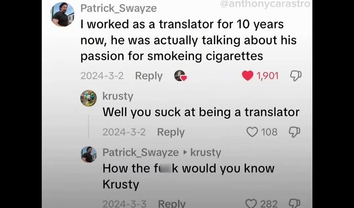 TikTok comments showing a funny and unhinged argument about a translator's skills.