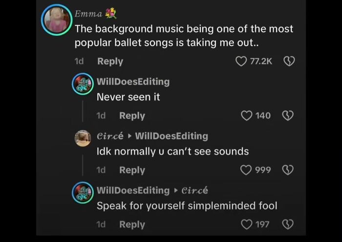 A series of funny and unhinged TikTok comments discussing seeing sounds in background music.