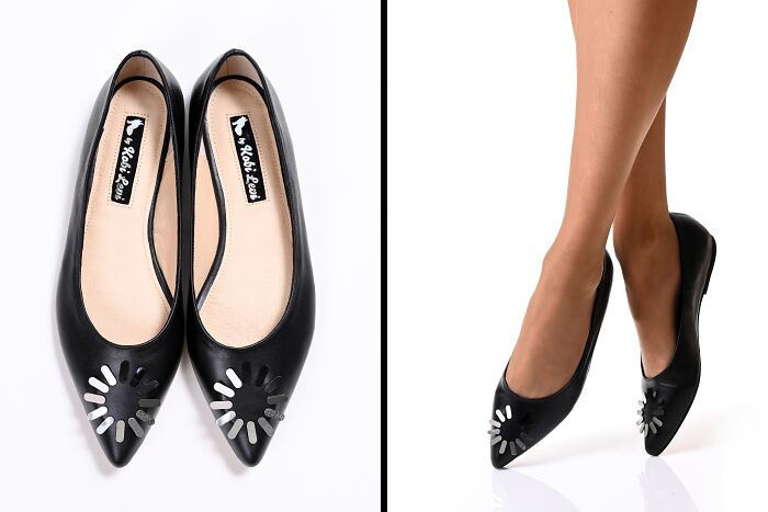 Creative and imaginative shoes by Kobi Levi, black flats with unique silver designs on the toes, shown on and off feet.