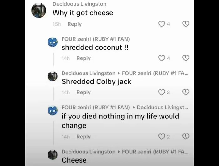 TikTok comment thread with funny, unhinged remarks about cheese vs. shredded coconut or Colby Jack.