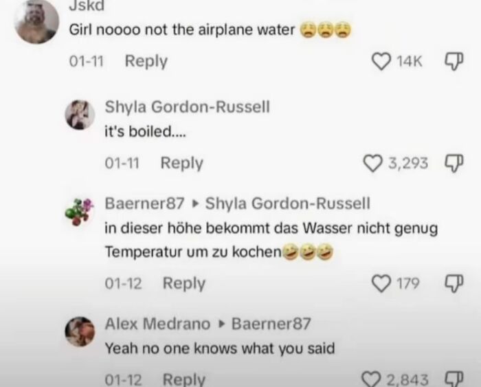 Screenshot of funny TikTok comments about airplane water not boiling, an unhinged comment about altitude.