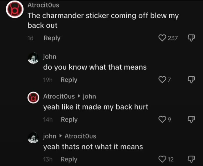 Screenshot of funny TikTok comments with a user humorously misunderstanding an idiom about a Charmander sticker.