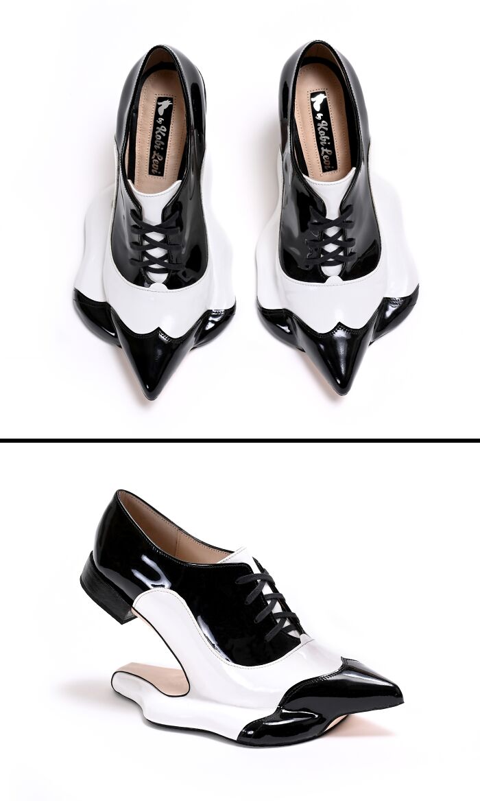 Black and white creative shoes by Kobi Levi with wingtip design and an abstract, flowing sole.