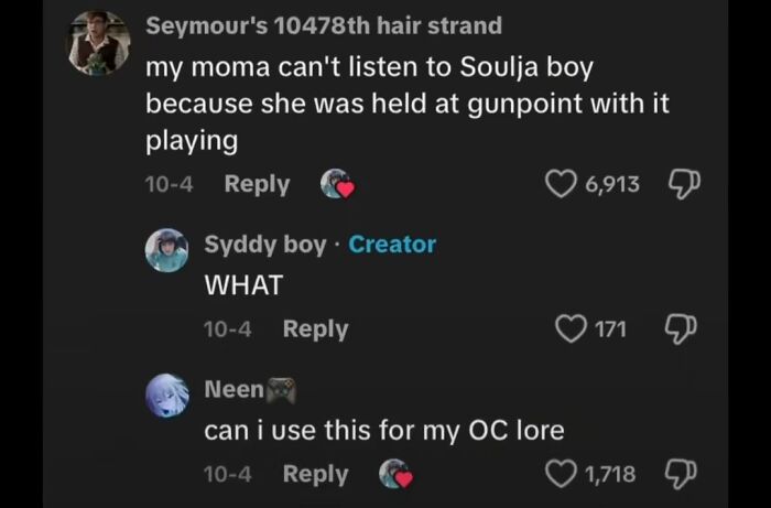 A screenshot of unhinged TikTok comments featuring a user sharing a wild story about Soulja Boy music.