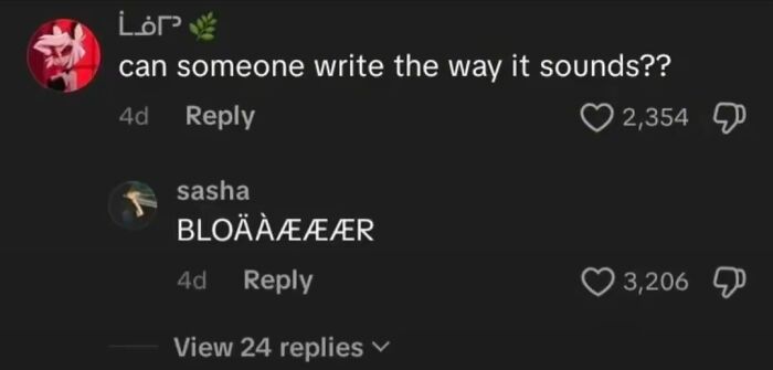 A screenshot of funny TikTok comments showing a user asking how to write a sound, and another user replying with an attempt.