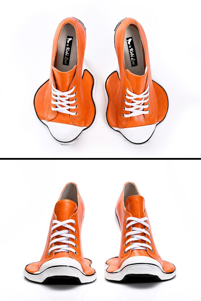 Creative and imaginative shoes by Kobi Levi, orange sneakers with exaggerated soles and white laces, shown from top and front.