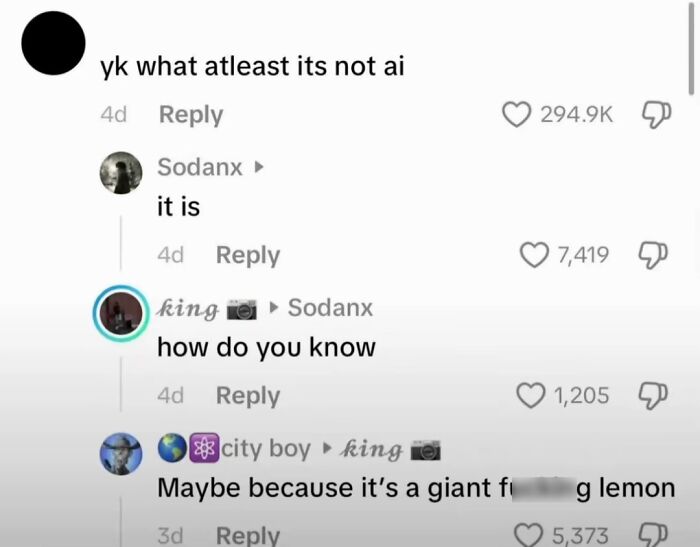 Funny TikTok comments about a giant lemon being mistaken for AI, showcasing unhinged discussions.