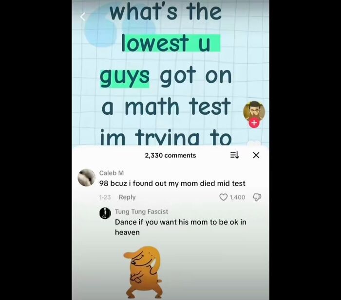 A funny TikTok comment section where a user shares their math test score and a controversial reply about their mom.