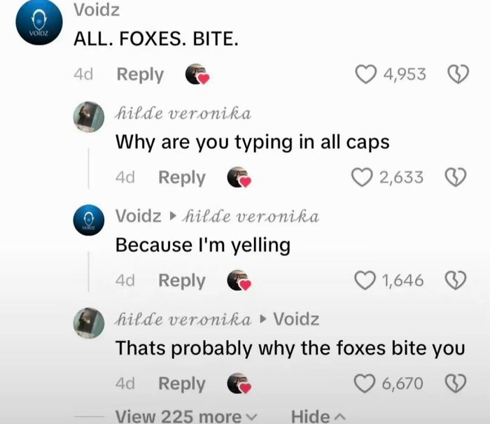 Screenshot of a TikTok comment section featuring funny and unhinged comments about foxes biting.