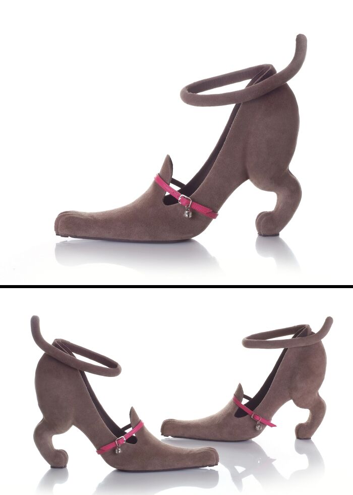 Creative and imaginative shoes by Kobi Levi, brown cat-shaped shoes with pink collars, shown from two angles.