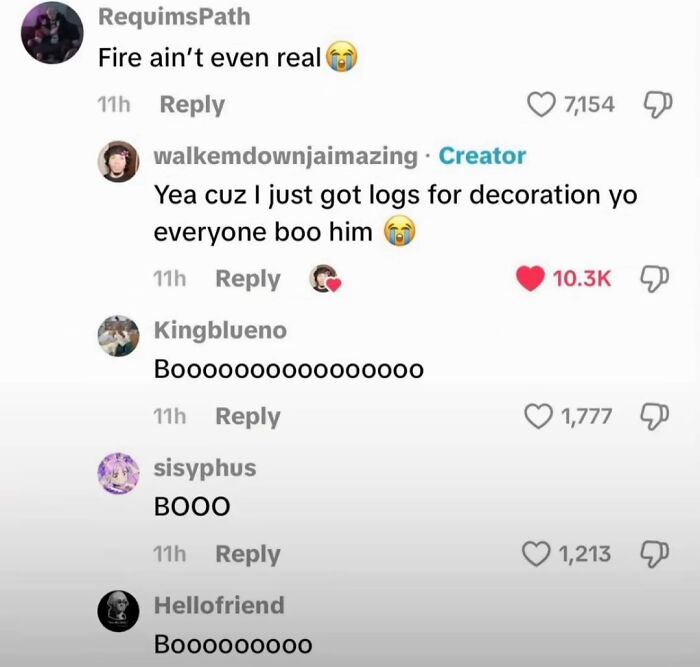 TikTok comments with users booing, exemplifying funny and unhinged comments on TikTok.