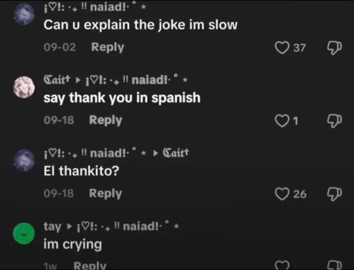 A screenshot of funny TikTok comments where someone asks for a joke explanation, leading to El Thankito.