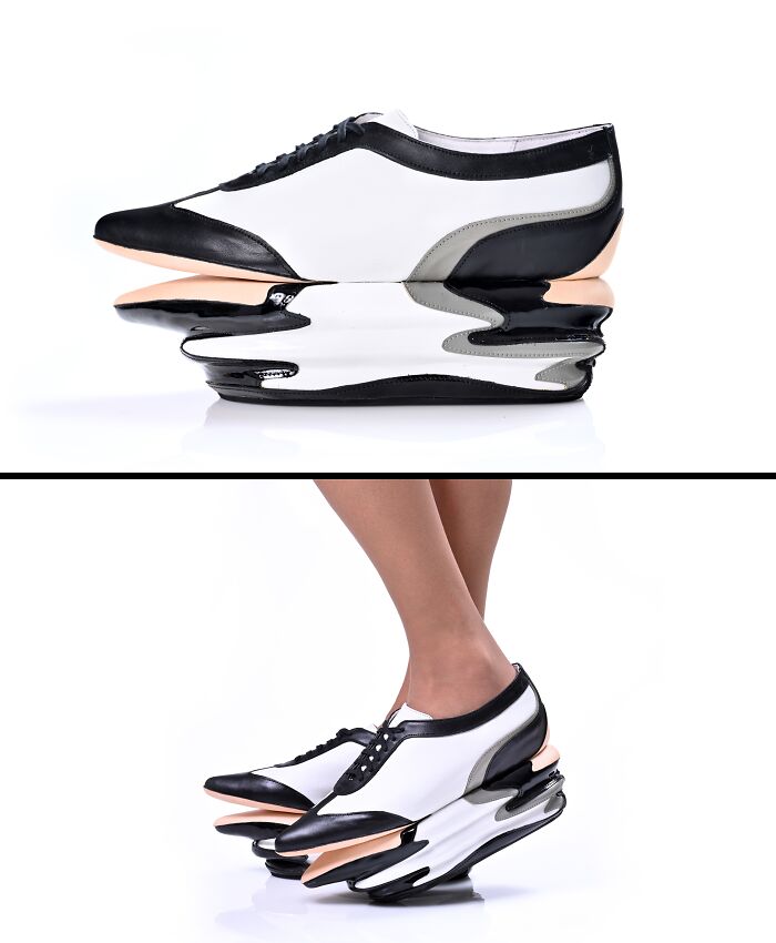 Kobi Levi creative and imaginative shoes, white and black design with a unique wavy heel, on a white background.