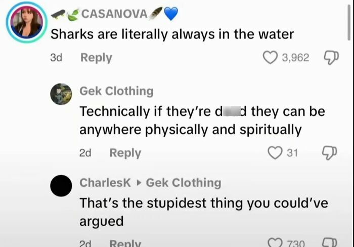 A screenshot of funny TikTok comments featuring a humorous debate about sharks in water.