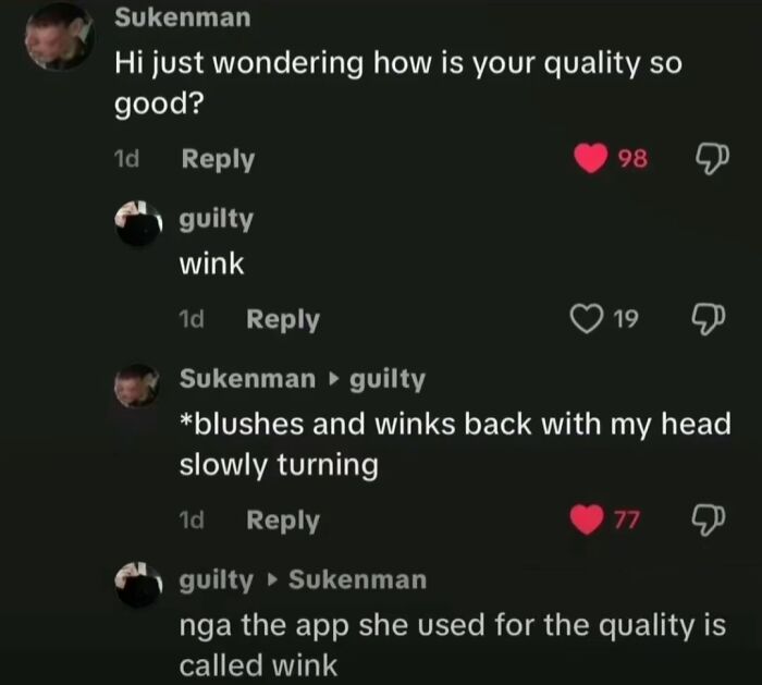A screenshot of funny TikTok comments showing a conversation about video quality and the app Wink.