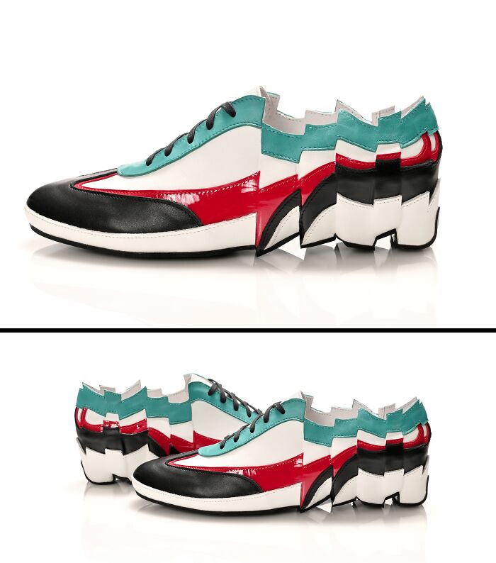 Kobi Levi creative and imaginative shoes, white, red, and blue design with a geometric heel, on a white background.
