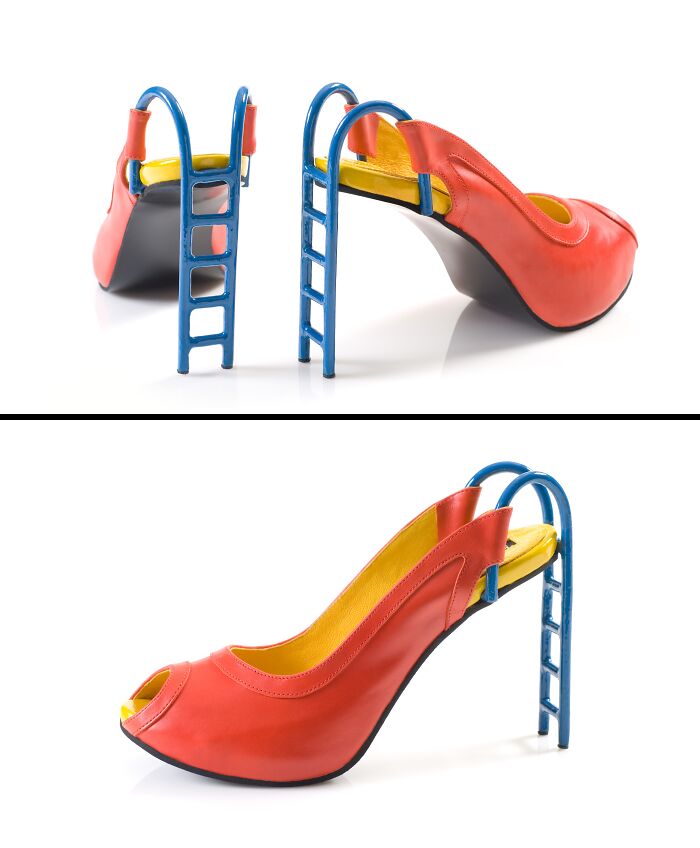 Kobi Levi creative and imaginative shoes with a playground slide design, red with blue ladder heel, on white background.