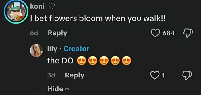 TikTok comment where a user says flowers bloom when you walk and the creator confirms, illustrating funny TikTok comments.