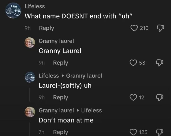 A screenshot of funny TikTok comments with a playful exchange about names not ending in uh.