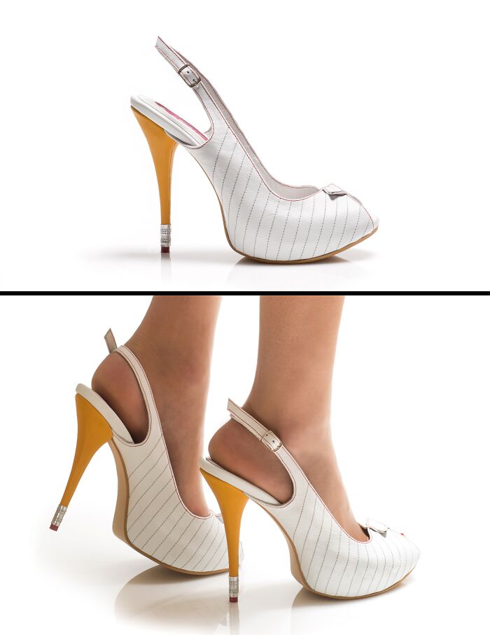 A pair of white Kobi Levi shoes with a distinctive yellow heel designed to look like a pencil.