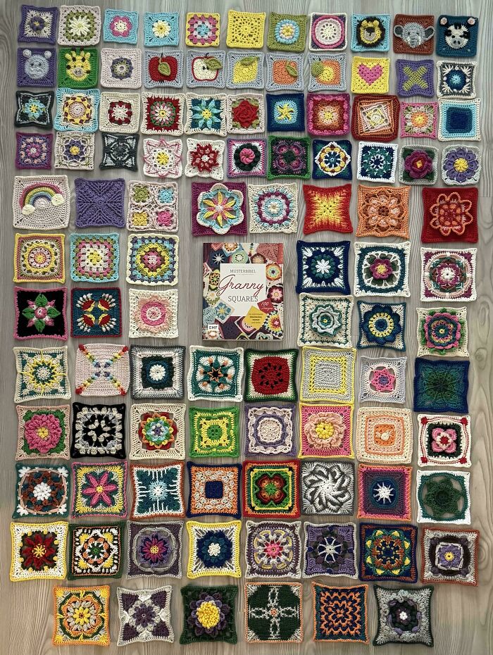 A collection of colorful crochet granny squares, displaying incredible crochet enthusiasm and variety.