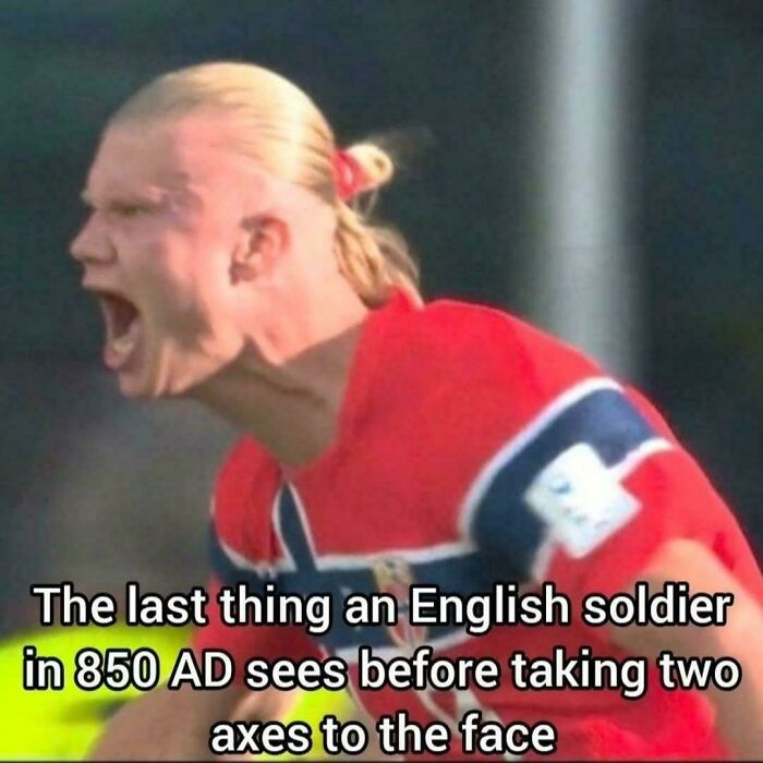 A history meme showing a soccer player as a fierce Viking, humorously portraying a historical battle.