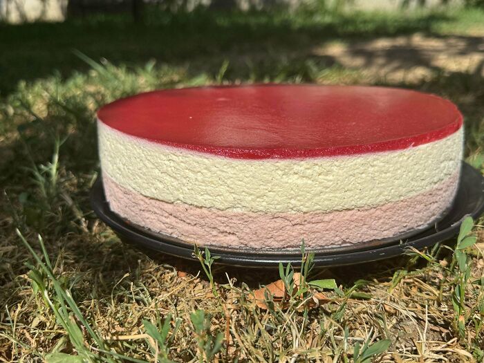 A beautifully layered mousse cake with a red top layer, showcasing an amazing and delicious treat.