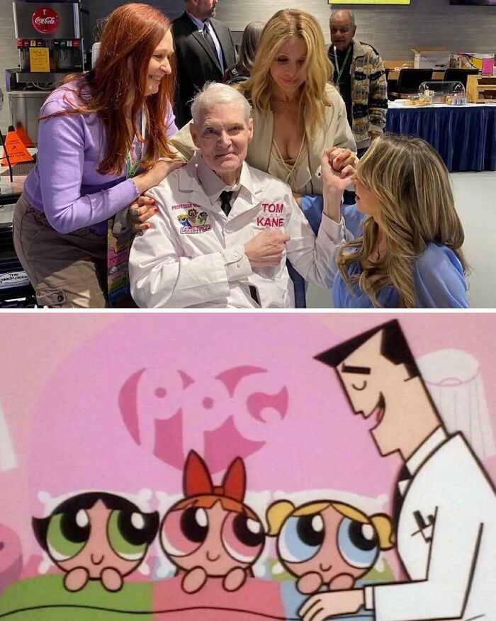 An interesting photo shows voice actor Tom Kane with Powerpuff Girls cast and animated characters.
