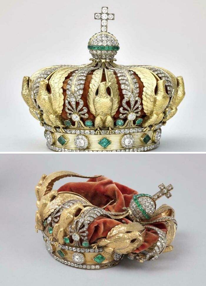 Two views of an ornate gold crown adorned with diamonds and emeralds, an interesting photo of a regal artifact.