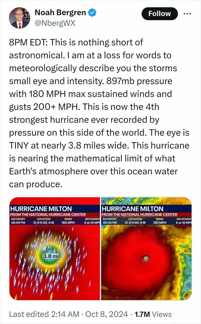 Interesting photo of a tweet describing Hurricane Milton with a small eye and powerful winds.