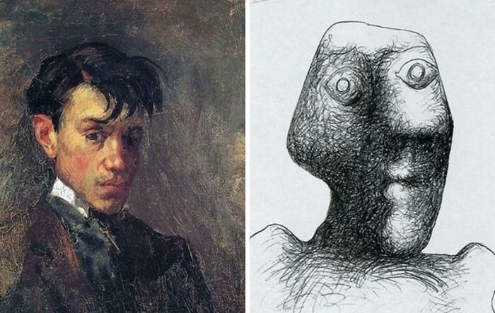 A split image showing a classical portrait and an abstract sketch, both interesting examples of art