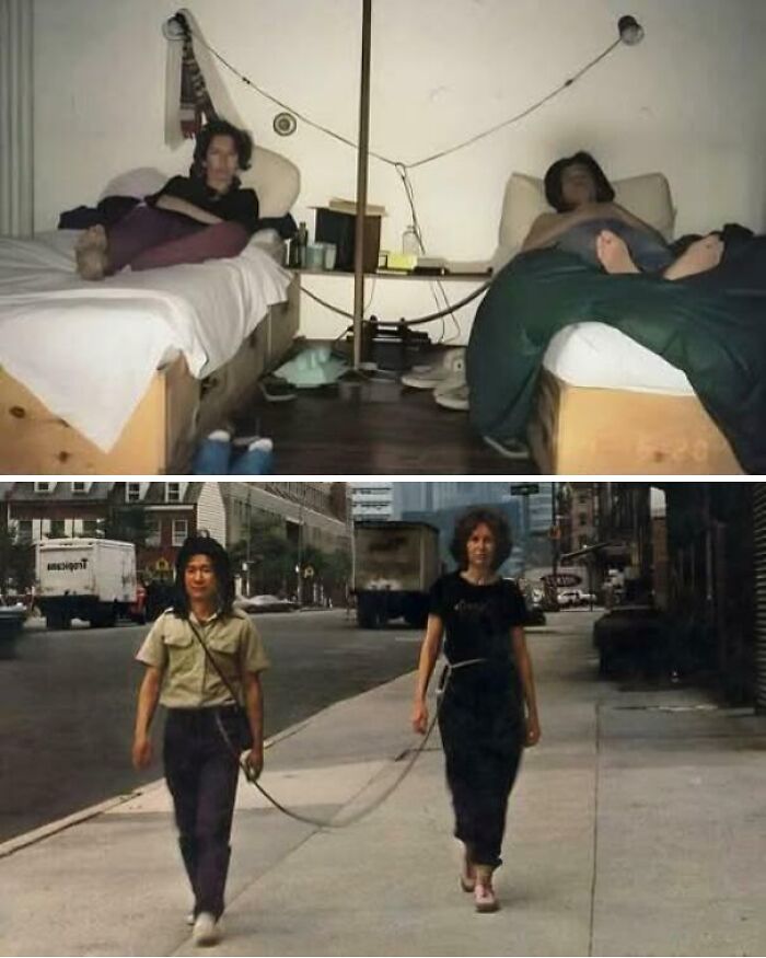 A split image showing two people in beds and then walking connected by a rope, an interesting photo.