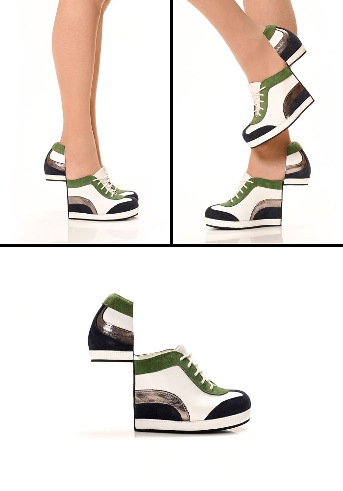 Kobi Levi creative and imaginative shoe designs, two images of feet wearing puzzle-piece sneakers and one solo shoe.