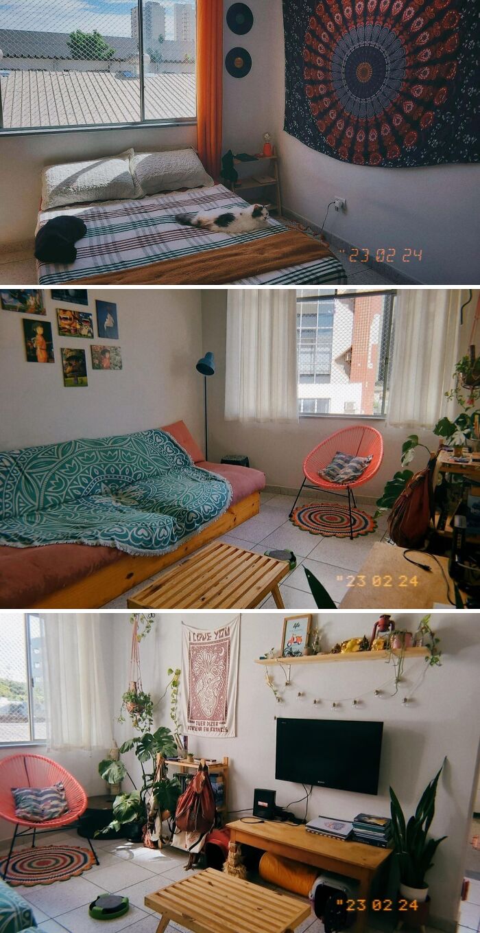Cool renovations: a cozy bedroom transformed into a vibrant living space with a daybed, pink chair, and plants, inspiring home redo ideas.