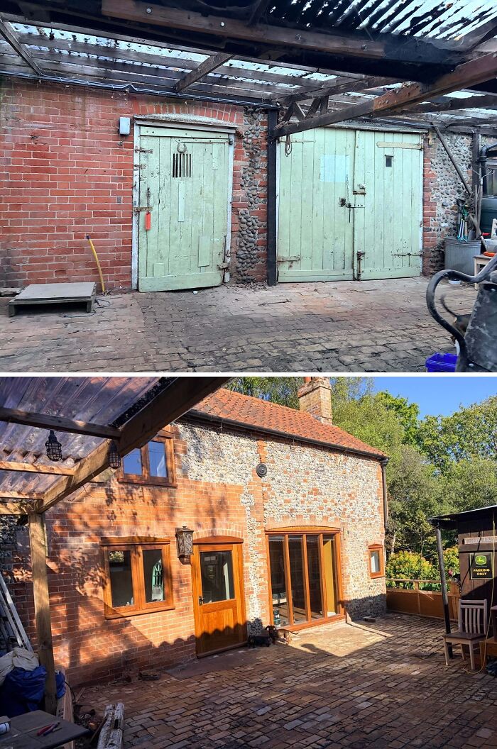 Home renovations: a before and after of a rustic stone and brick building with old wooden doors, transformed with new windows and a paved patio.