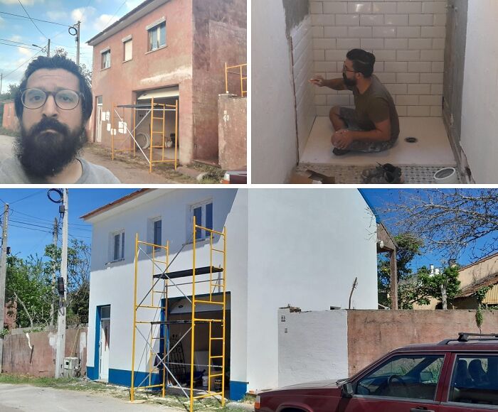 Amazing home renovations, from a rustic pink house to a clean white exterior, with a man tiling a shower.