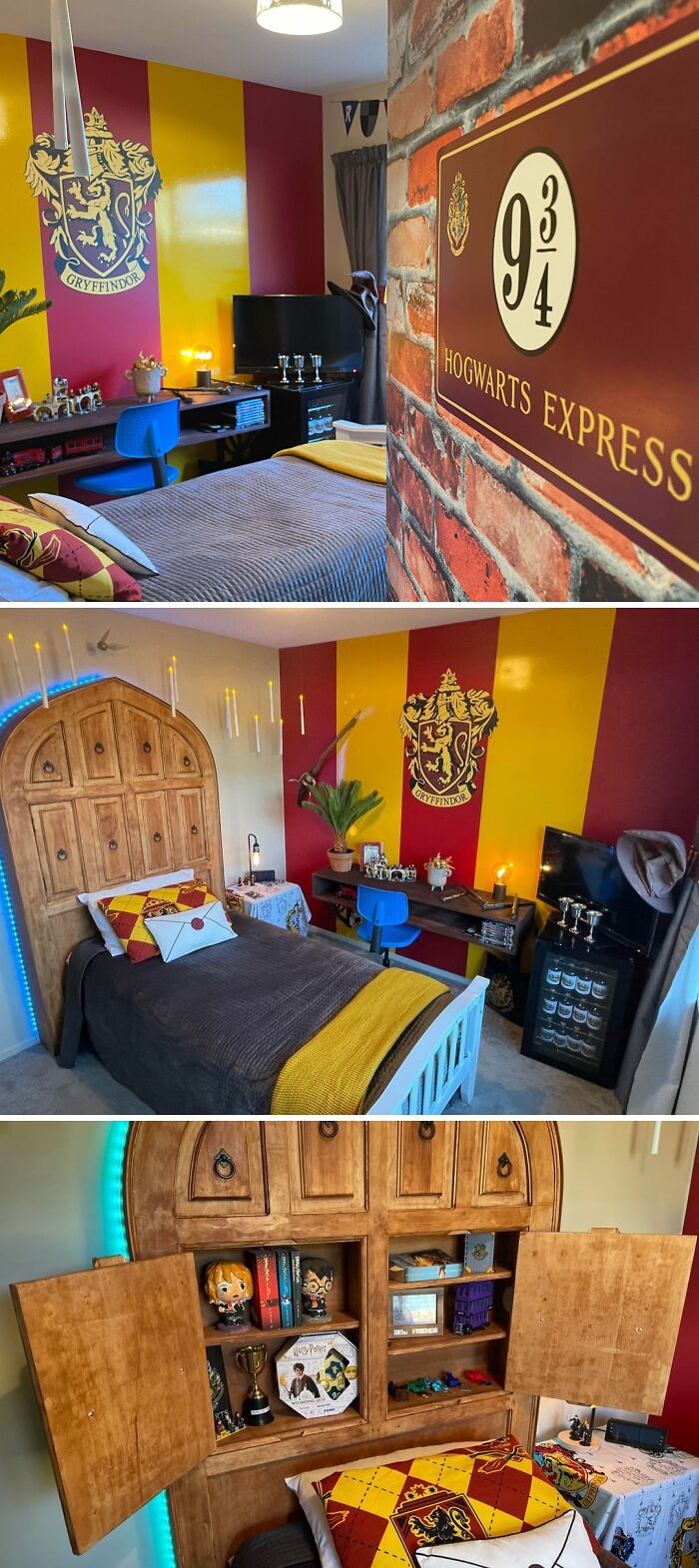 A cool home renovation of a Harry Potter themed bedroom, featuring Gryffindor colors and Hogwarts Express sign.