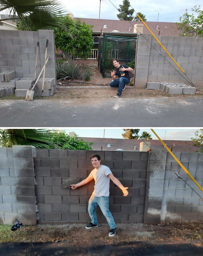 Before and after home renovations featuring a man building a new cinder block wall, transforming an open space into a secure fence.