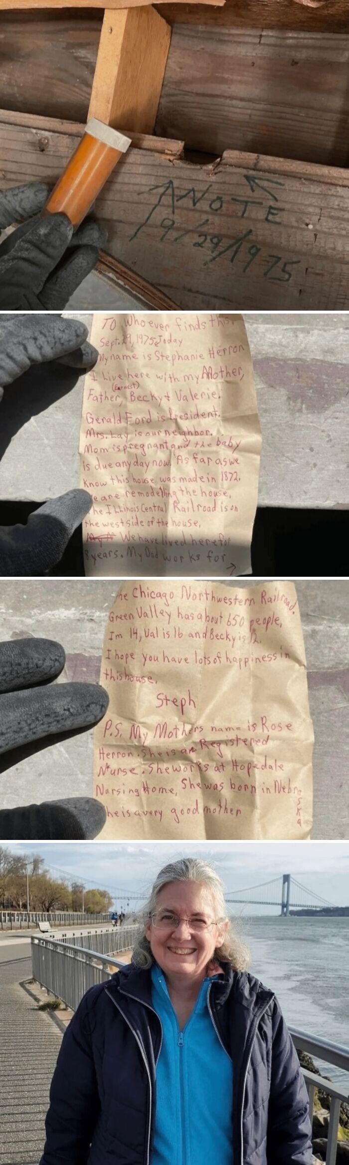 A before and after sequence during home renovations revealing a hidden message from 1975 found in a wall, followed by a photo of the woman who wrote it.