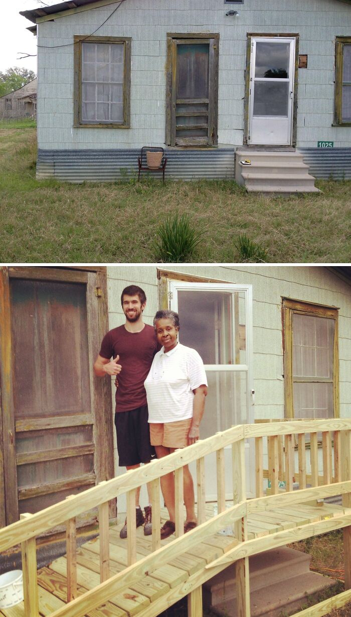 A before and after image showing home renovations, with a new accessibility ramp and fresh paint for improved home appeal.