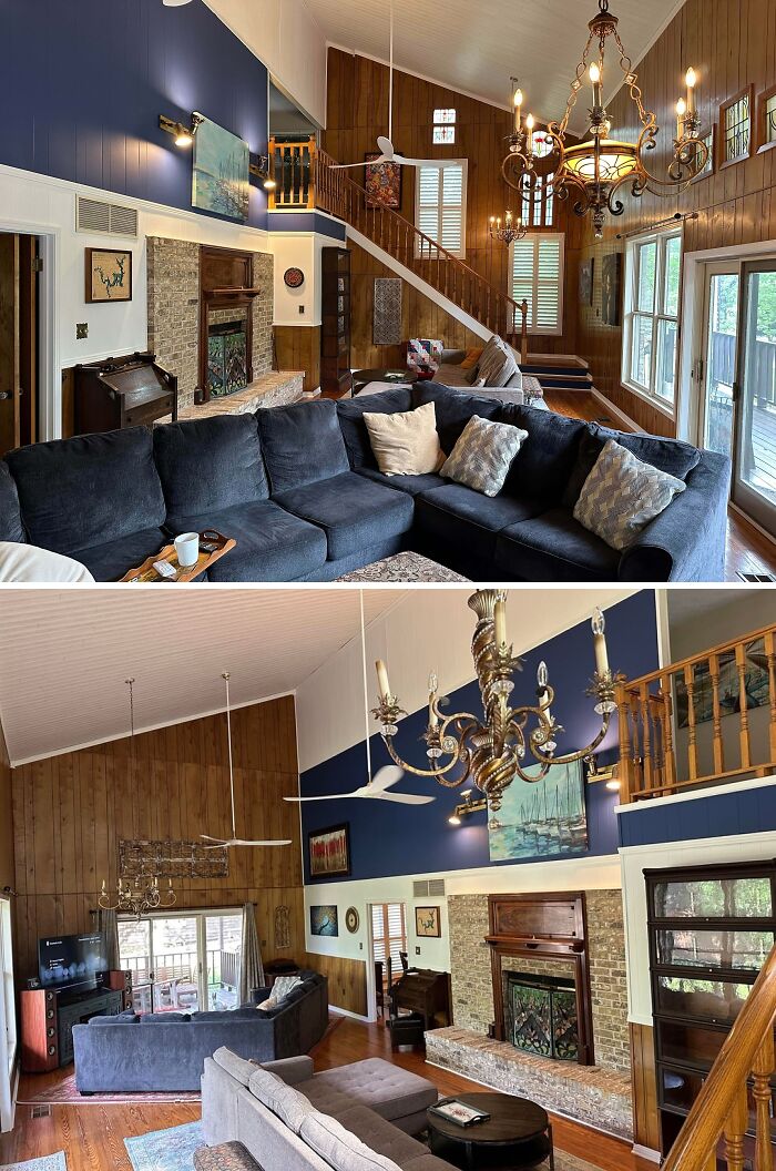An amazing home renovation with a large open living area featuring a blue wall, vaulted ceilings, and updated decor.