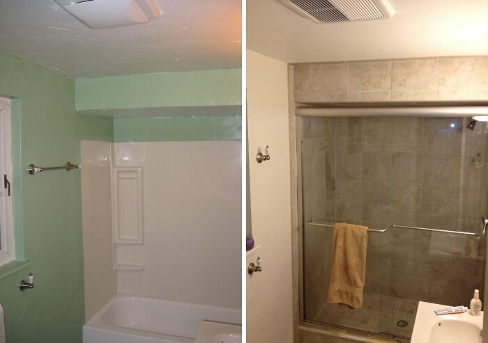 Before and after bathroom renovations with old green walls and a bathtub replaced by a contemporary tiled shower and a new vanity.