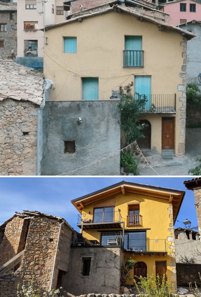 An inspiring home renovation transforming an old house with new balconies, windows, and an updated exterior.